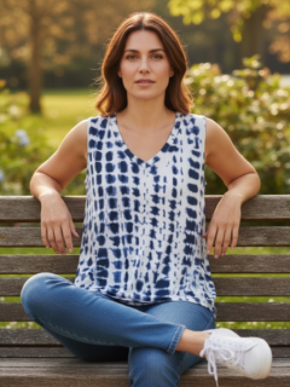 Sleeveless V-Neck Blue & White Grid-Like Tie-Dye Tank Top Size XL